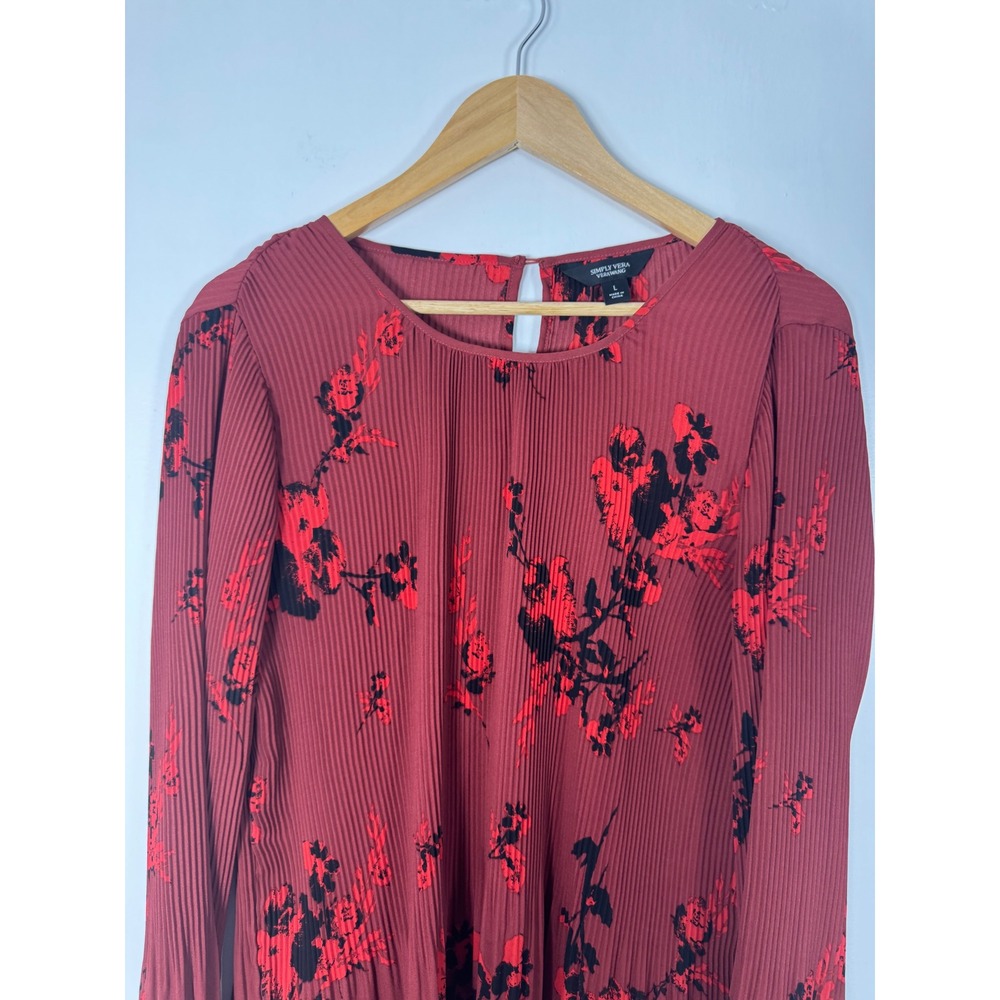 Dark Romance Simply Vera Vera Wang Womens L Pleated Blouse‎ Burgundy Red Floral - Picture 7 of 8